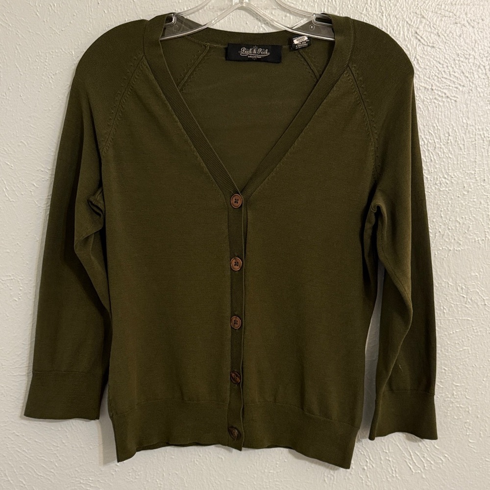 Peck & Peck Size S Silk Olive Green Cardigan Sweater